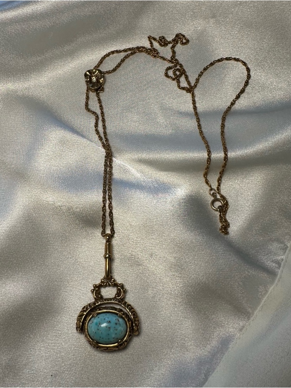 Vintage Goldette 3 Strand Necklace Robin Egg Glass Etruscan Style Fob Pendant